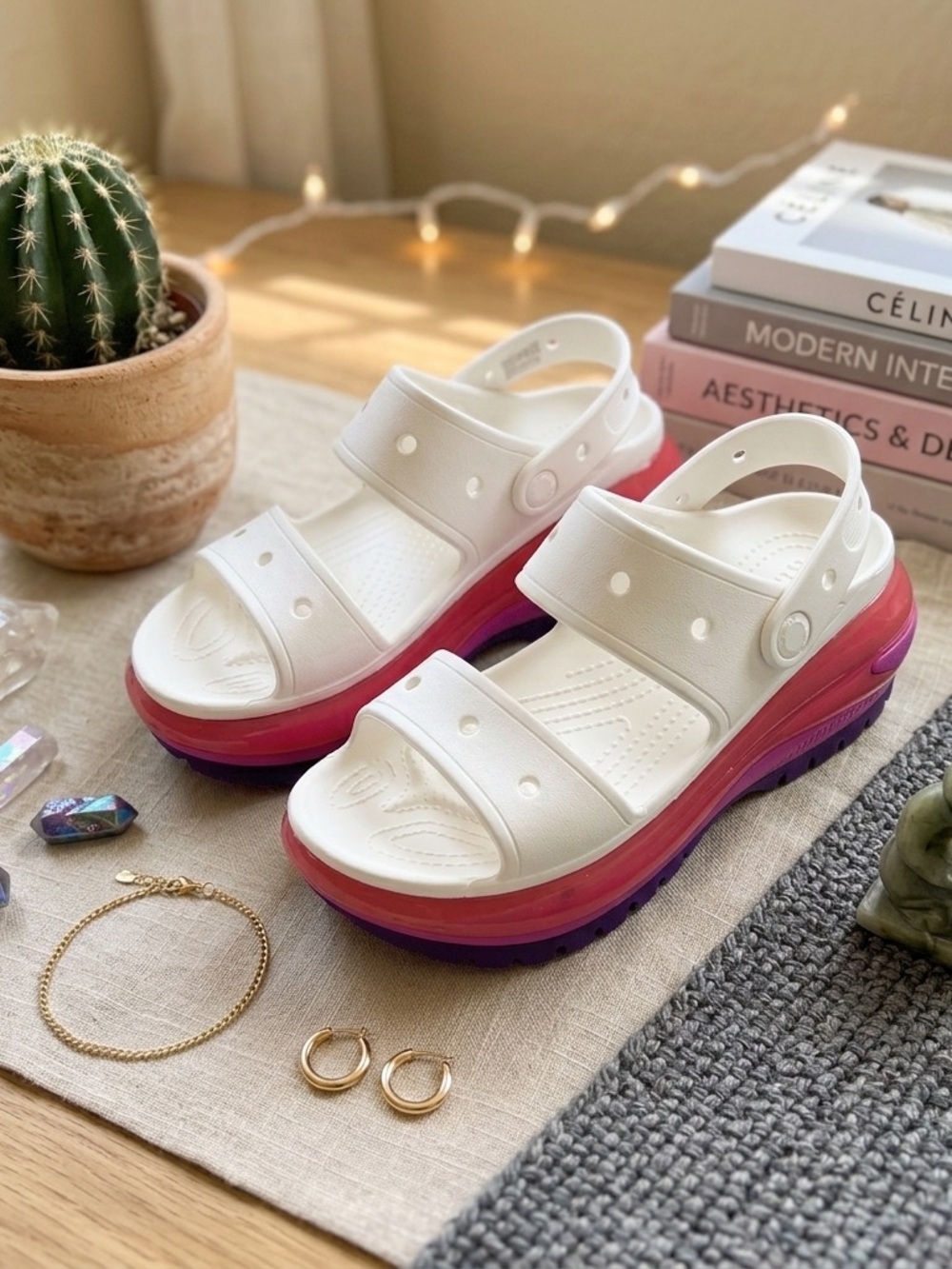 CROCS White Platform Sandals with Pink and Purple Gradient Midsole